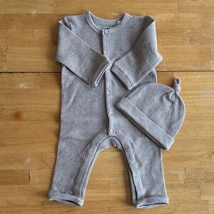 Waffle Knit Baby One Piece and Hat Set